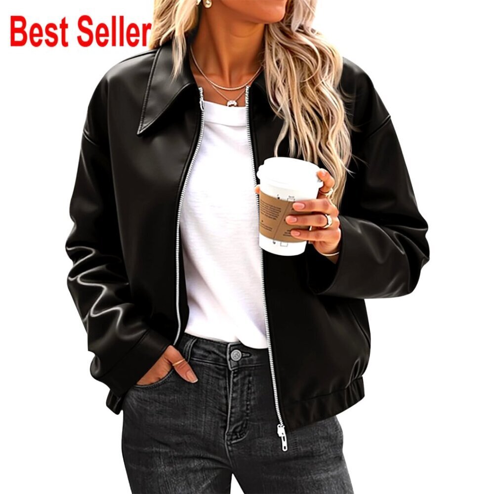 Faux Leather Cropped Bomber Jacket, Water-Repellent, Zip-Up, Fall Outerwear